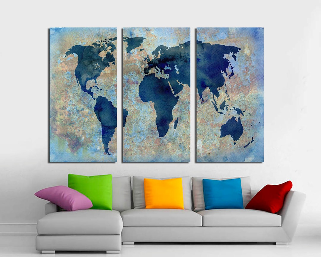 Abstract World Map Canvas Print, Triptych Wall Art - Etsy
