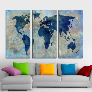 3 Panel Split Abstract World Map Canvas Print,1.5 Deep Frames,triptych ...