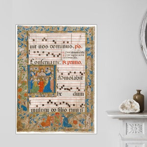 May include: A medieval manuscript page with colorful illustrations and musical notation. The text reads "uit nos cominus.ps. Pané adrendit d'alla. pandangdormiou cautiono alla. Lonferua me. R рато. Aomolabit dum multitu do filio rum if"