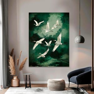 Grúas voladoras estilo Japandi Impresión pájaro verde blanco Arte de pared en lienzo, elegante galería Arte de pared estilo japonés vintage LIENZO listo para colgar