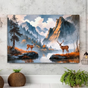 Vintage Deer Wall Art Canvas Print, Large Nature Animal Decor, Modern Rustic Home Wall Hanging, Classic Wildlife Art, Painting Ready to Hang