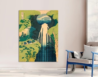 Hokusai Print, 1832 Amida Waterfall on Kisokaido Road, Japanese Wall Art, Ukiyo-e Art, Edo Period Art, Fuji Mountain, CANVAS Ready to Hang.