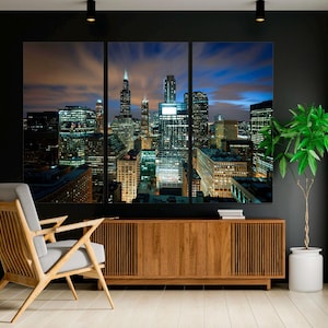 3-Panel Canvas, Chicago Skyline Large Wall Art, Chicago at Night Canvas, Downtown Chicago Print, Modern Chicago Art on CANVAS Ready to Hang.