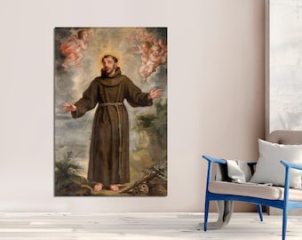 May include: A painting of a man in a brown robe with his arms outstretched. He is surrounded by angels with wings. The painting is set against a light blue background.