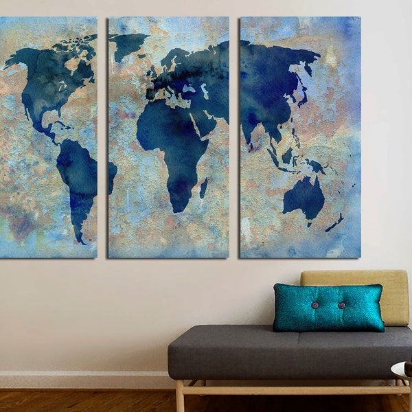 Impresión en lienzo de mapa del mundo abstracto, tríptico de pared