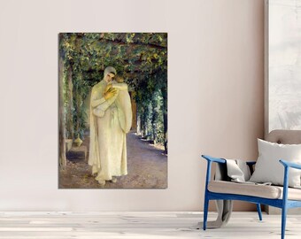 May include: A woman in a white robe holds a child in her arms. They are standing in a garden with green foliage and trees. The woman is looking down at the child.