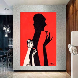 Póster de mujer y sombra bebiendo, impresión divertida de cóctel, póster de licores y vinos, póster de alcohol, lienzo de arte mural de cócteles listo para colgar