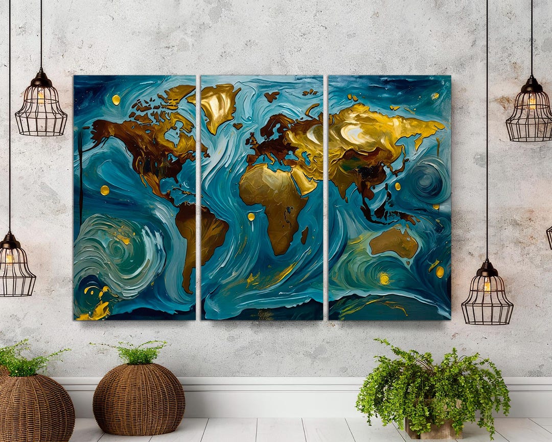 Abstract World Map Canvas Print, Van Gogh Style, Triptych Wall Art - Etsy