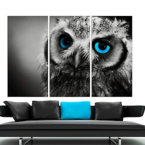 3-Panel Canvas, Black and White Owl, Owl Picture, Cabin Decor, Home Art, Bird Art, Owl Painting, Blue Eyes Bird Art on CANVAS Ready to Hang.