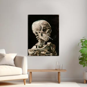 May include: A painting of a human skull with a cigarette in its mouth, against a dark background. The skull is depicted in a realistic style, with visible bone structure and detail. The cigarette is lit and appears to be hanging from the skull's mouth.