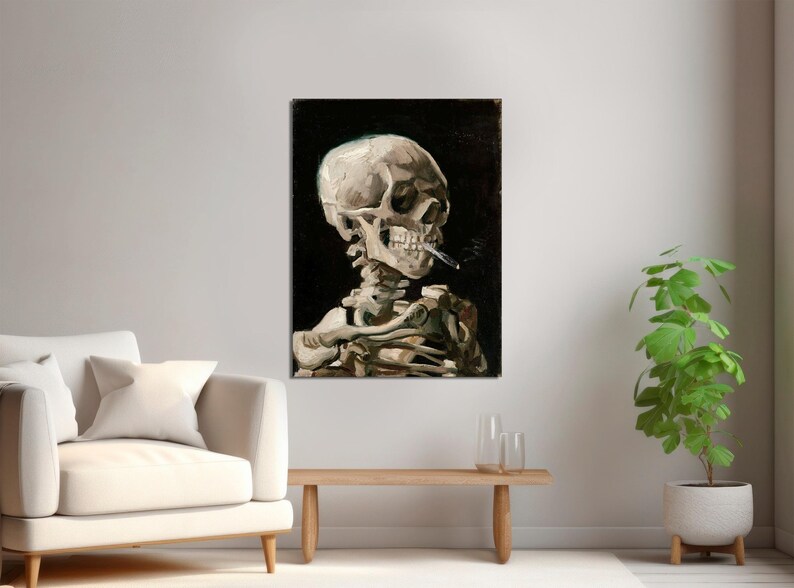 May include: A painting of a human skull with a cigarette in its mouth, against a dark background. The skull is depicted in a realistic style, with visible bone structure and detail. The cigarette is lit and appears to be hanging from the skull's mouth.