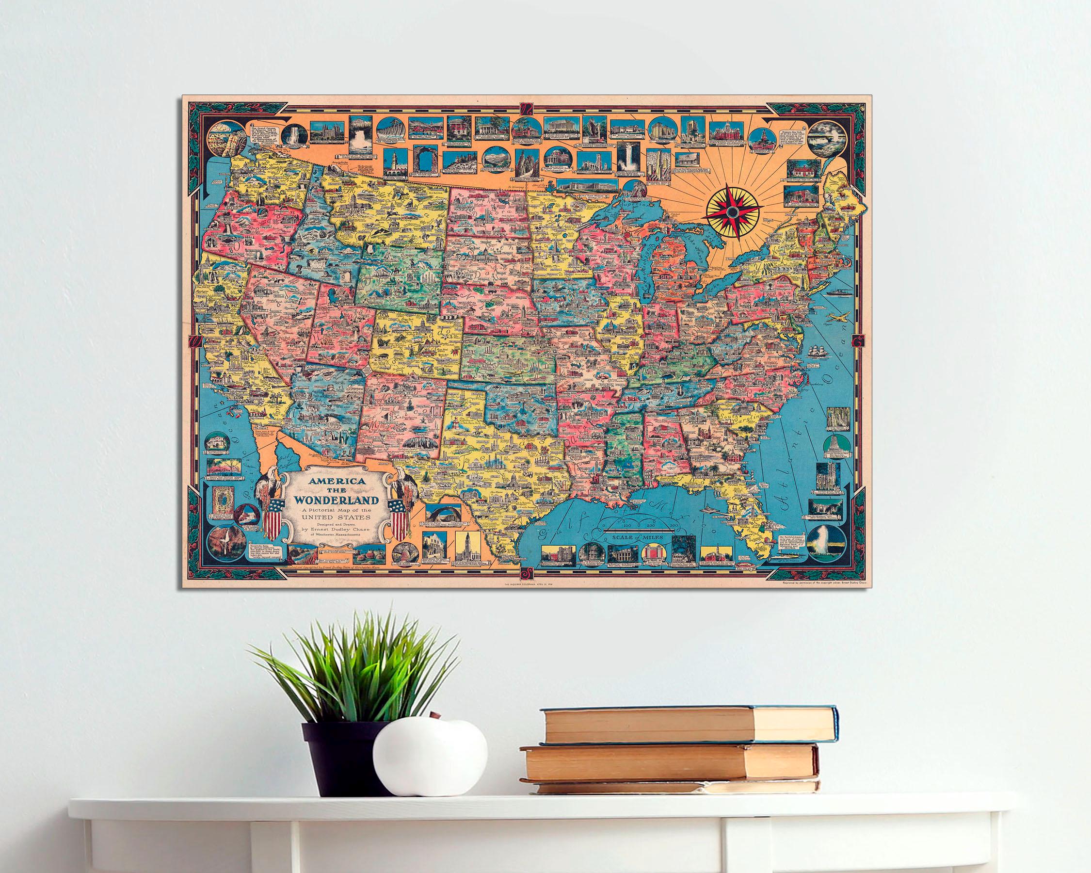 America the Wonderland Canvas Print, Vintage Pictorial Map, Ready