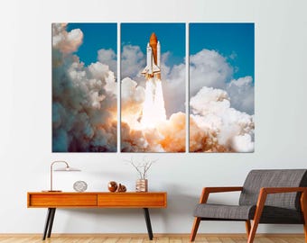 Space Shuttle Launch Canvas Art, 3-Panel Rocket Print, Ready to Hang