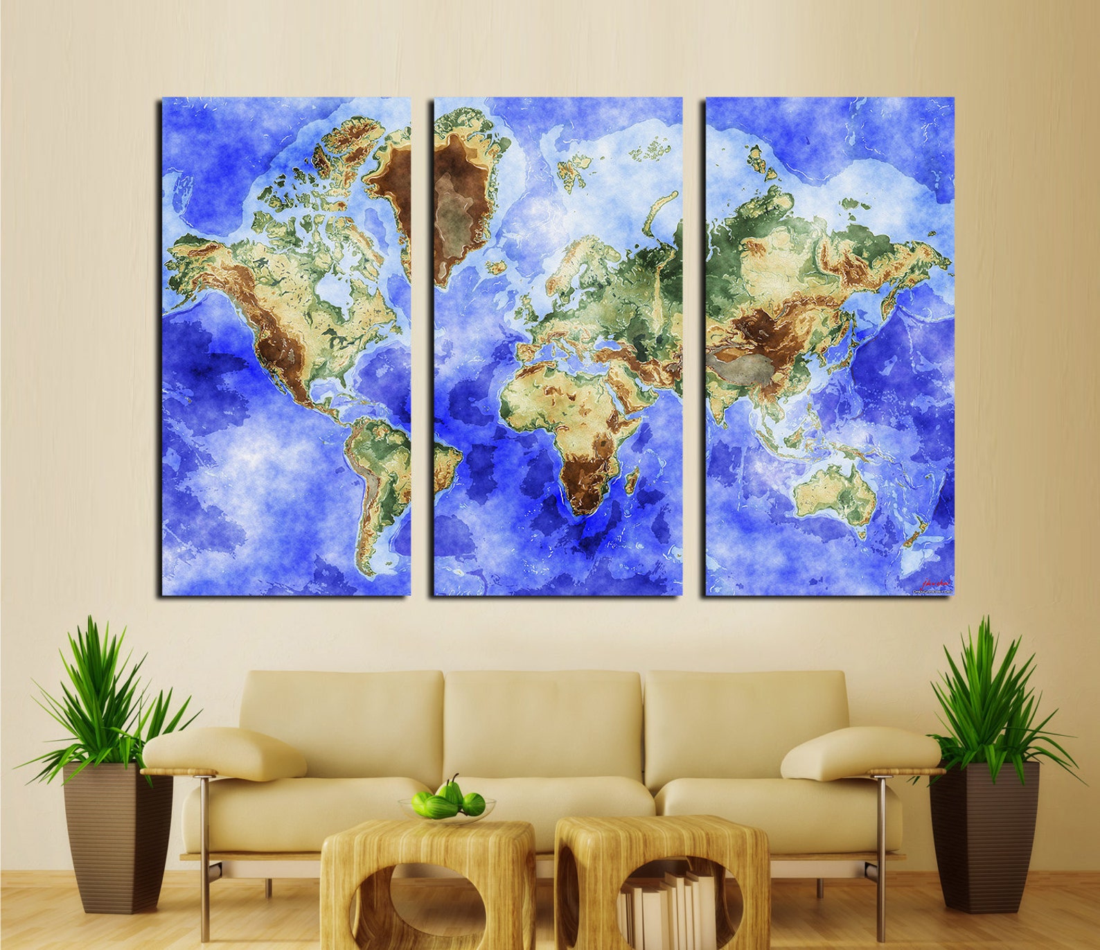 3 Panel Split Abstract World Map Canvas Print1.5 Deep - Etsy