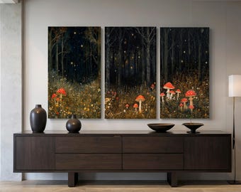 Enchanted Forest Art Canvas Print, Set of 3 Large Mystical Mushroom Woodland Scene