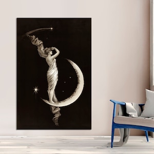 CANVAS READY to HANG, Vintage Art Nouveau Print, Vintage Moon, Crescent Moon, Vintage Poster, Moon Witch Art, Woman and Moon, Moon and Stars