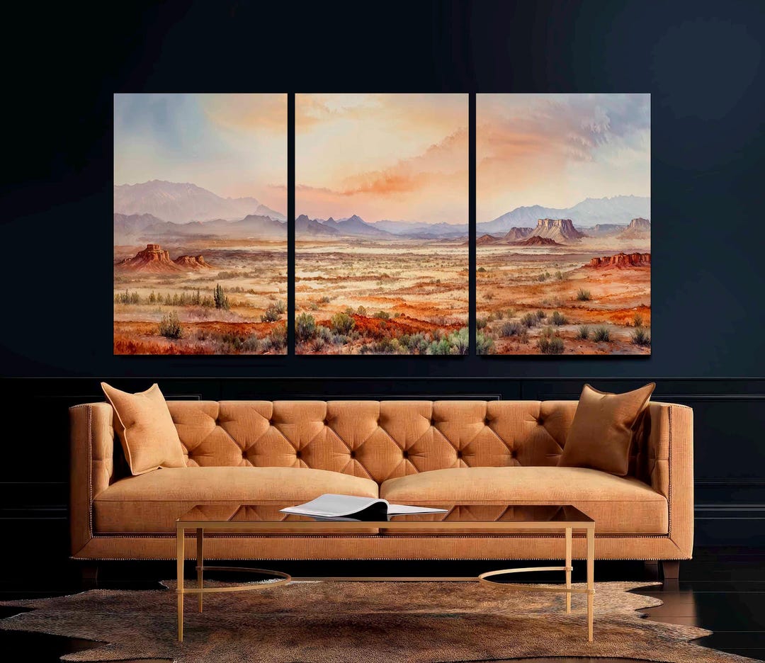 Arizona Desert Canvas Wall Art, Panoramic Watercolor, 3-panel