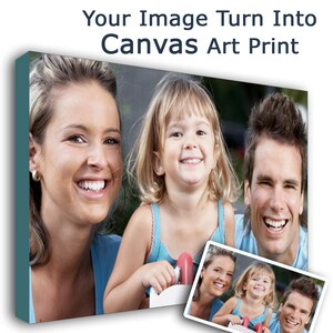 May include: A canvas print featuring a family portrait of a woman, a young girl, and a man. The family is smiling and appears to be outdoors. The image is framed with a white border.