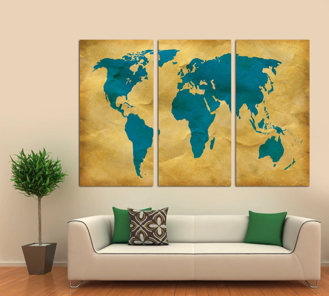 3 Panel Split Abstract World Map Canvas Print,1.5 Deep Frames,triptych ...