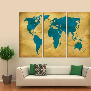 3 Panel Split Abstract World Map Canvas Print,1.5 Deep Frames,triptych ...