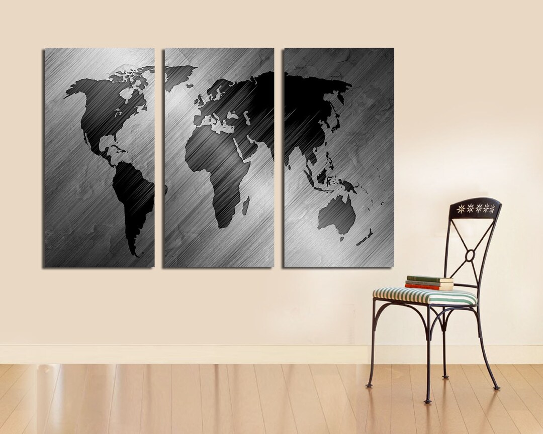 Abstract Black and White World Map Triptych Canvas Print - Etsy