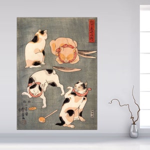Japanese Cat Art, Four Cats in Different Poses Kuniyoshi, Japanese Cats Print, Asian Cat Wall Art, Japanese Animal Art, CANVAS Ready to Hang