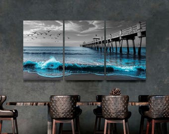 Black and White Ocean Wave Canvas Art, 3-Panel Coastal Print