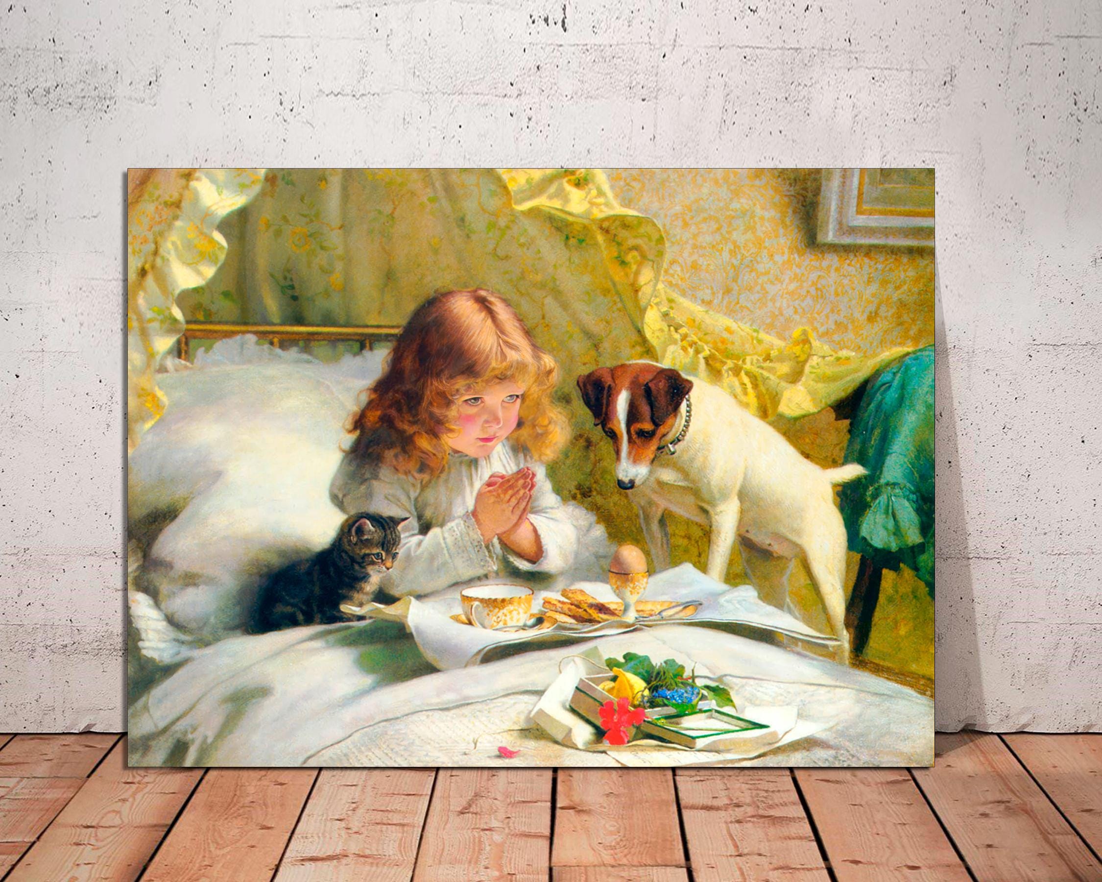 Charles Burton Barber Canvas Print, Girl, Cat and Dog Art, Ready