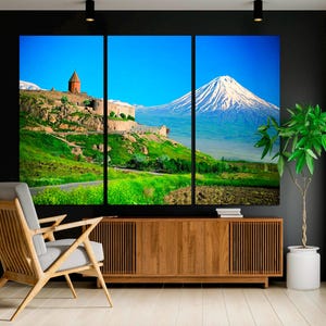 3-Panel Canvas, Mount Ararat and Khor Virap Monastery, Armenian Church Wall Art, Armenian Gift for New Home or Office CANVAS Ready to Hang.