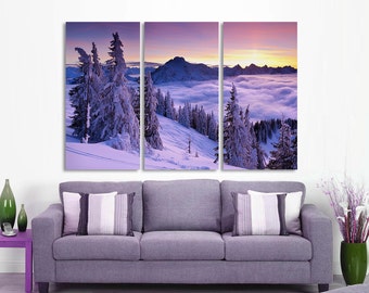 3 Panel Split (Triptych) Canvas Print. Winter forest snow photography for living room decor & interior design.