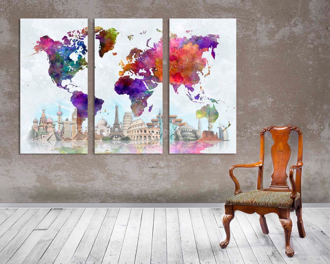 3 Panel Split Abstract World Map Canvas Print,1.5 Deep Frames,triptych ...