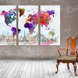 3 Panel Split Abstract World Map Canvas Print,1.5 Deep Frames,triptych ...