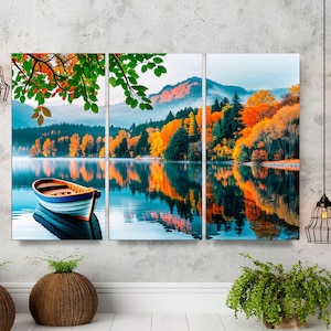 Lake Wall Art 3-Panel Canvas, Blue Mountain Tree Landscape Nature Print Framed Large Scenic Wall Decor for Living Room Bedroom Ready to Hang
