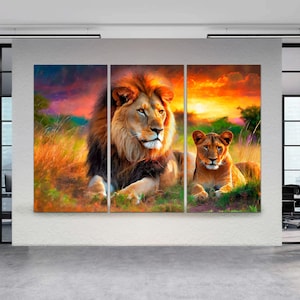 Lion Family Wall Art 3-Panel Split Canvas, Black & White Lion and Lioness Safari Animal Decor, Large Ready to Hang Lions in Love Canvas Art.