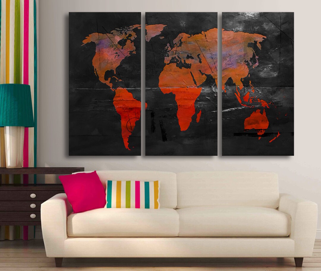3 Panel Split Abstract World Map Canvas Print, Abstract Map (1.5" Deep ...