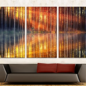 Reflejo de agua del árbol del paisaje, decoración de arte del bosque, arte de pared del lago, arte de lienzo de la naturaleza, arte del paisaje, póster de árboles del bosque, impresión de la naturaleza del bosque.