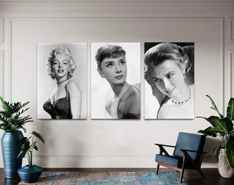 Marilyn Monroe, Audrey Hepburn, Grace Kelly Canvas Print Set, Hollywood Glam Art
