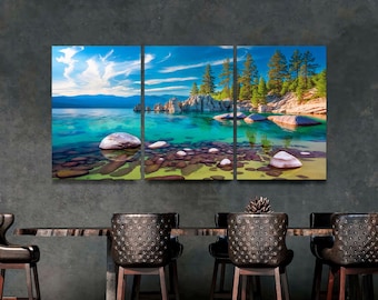 Lake Tahoe Panoramic Canvas Wall Art, Large 3-Panel Nature Print