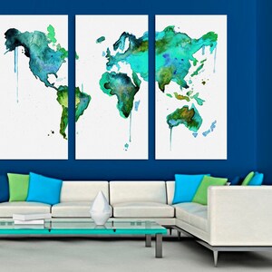 3 Panel Split Abstract World Map Canvas Print,1.5 Deep Frames,triptych ...