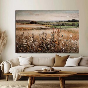 Wildflower Field Wall Art, Vintage Botanical Landscape Canvas, Floral Modern Home Decor, Farmhouse Canvas Art, Field Of Flowers Canvas Print