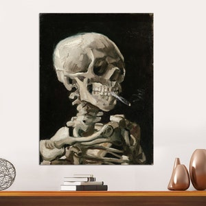 May include: A painting of a human skeleton with a cigarette in its mouth. The skull is facing to the right and the skeleton is in a seated position. The background is black.