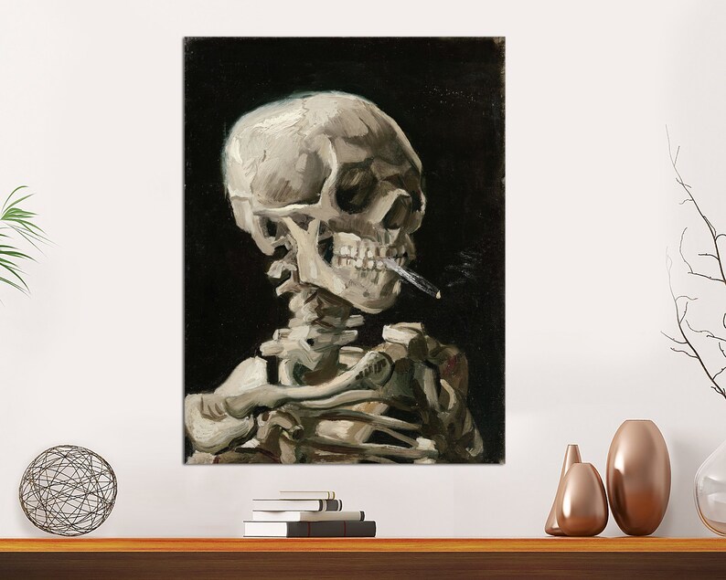 May include: A painting of a human skeleton with a cigarette in its mouth. The skull is facing to the right and the skeleton is in a seated position. The background is black.