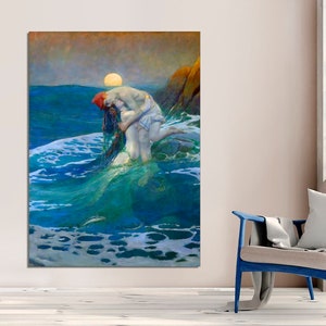 Mermaid, Art Nouveau, Lovers, Ocean Art, Mermaids, Art Deco, Howard Pyle Art, Love Illustration Art, Fantasy Wall Art, CANVAS Ready to Hang.