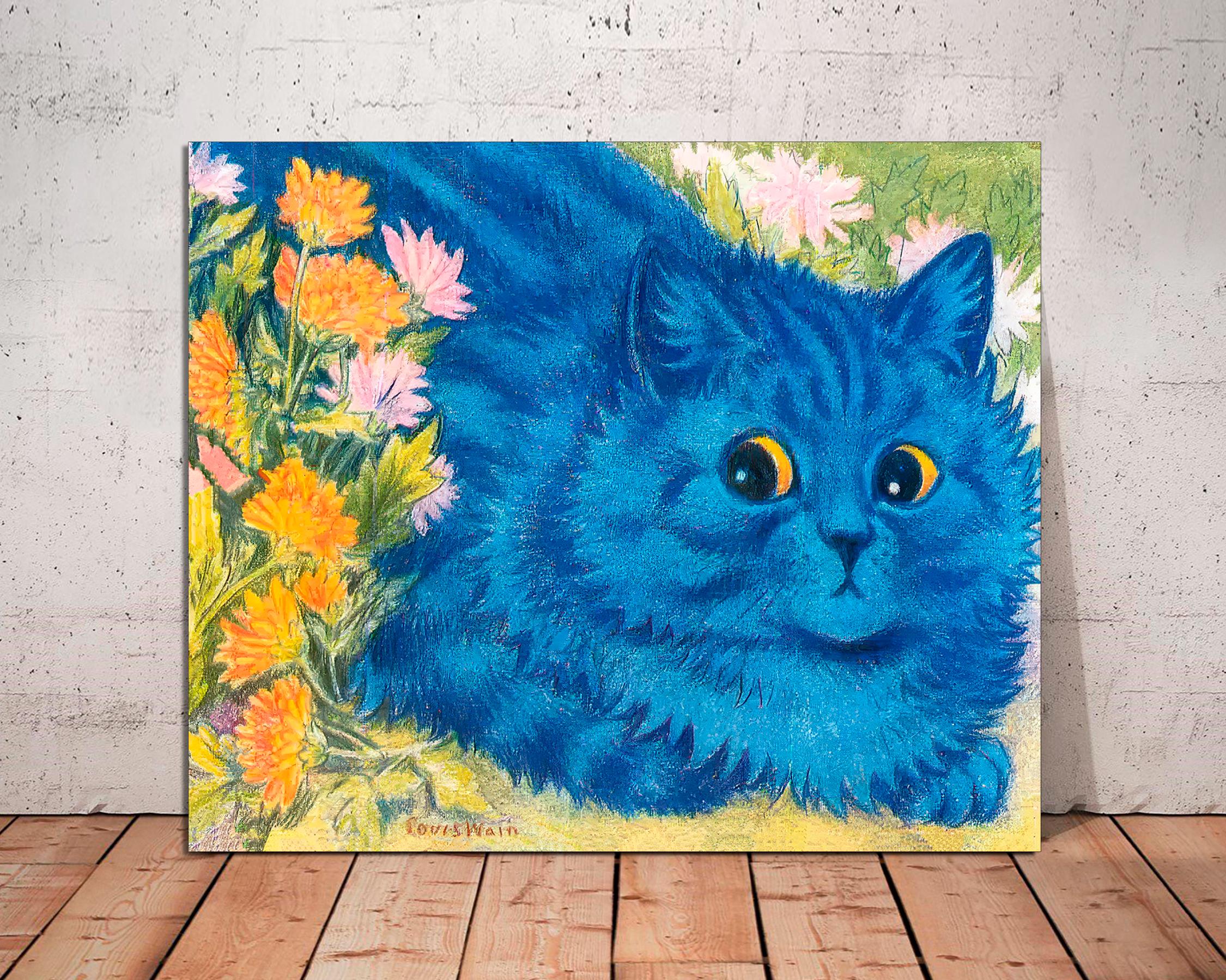 Louis Wain Blue Cat and Marigolds Canvas Print, Kitten Art - Etsy