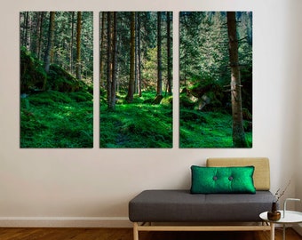 3 Panel Split, Triptych Canvas Print of Trees in forest. Nature photography for living room wall decor, interior design. Green Tree art