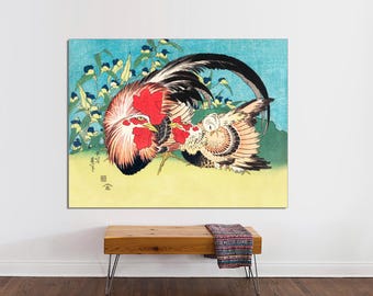 Hokusai Rooster and Hen Japanese Woodblock Art, Polychrome Print on Canvas