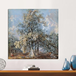 Una madre y sus hijos descansando bajo un gran árbol de haya, ciervos pastando más allá, Norbury Park, Surrey George Barret, arte en lienzo LISTO para COLGAR.