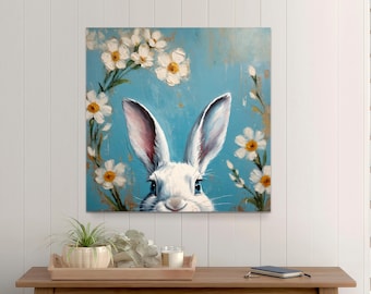 Bunny Canvas Print, Floral Kids Room Decor, Easter Nursery Art