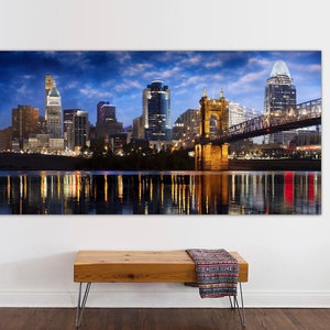 Cincinnati City Skyline Canvas Prints Large Wall Art. Ohio Panoramic Cityscape,Giclee home office wall decor, interior design, Ready to Hang