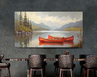 Red Canoe Lake Canvas Print, Rustic Nautical Wall Art